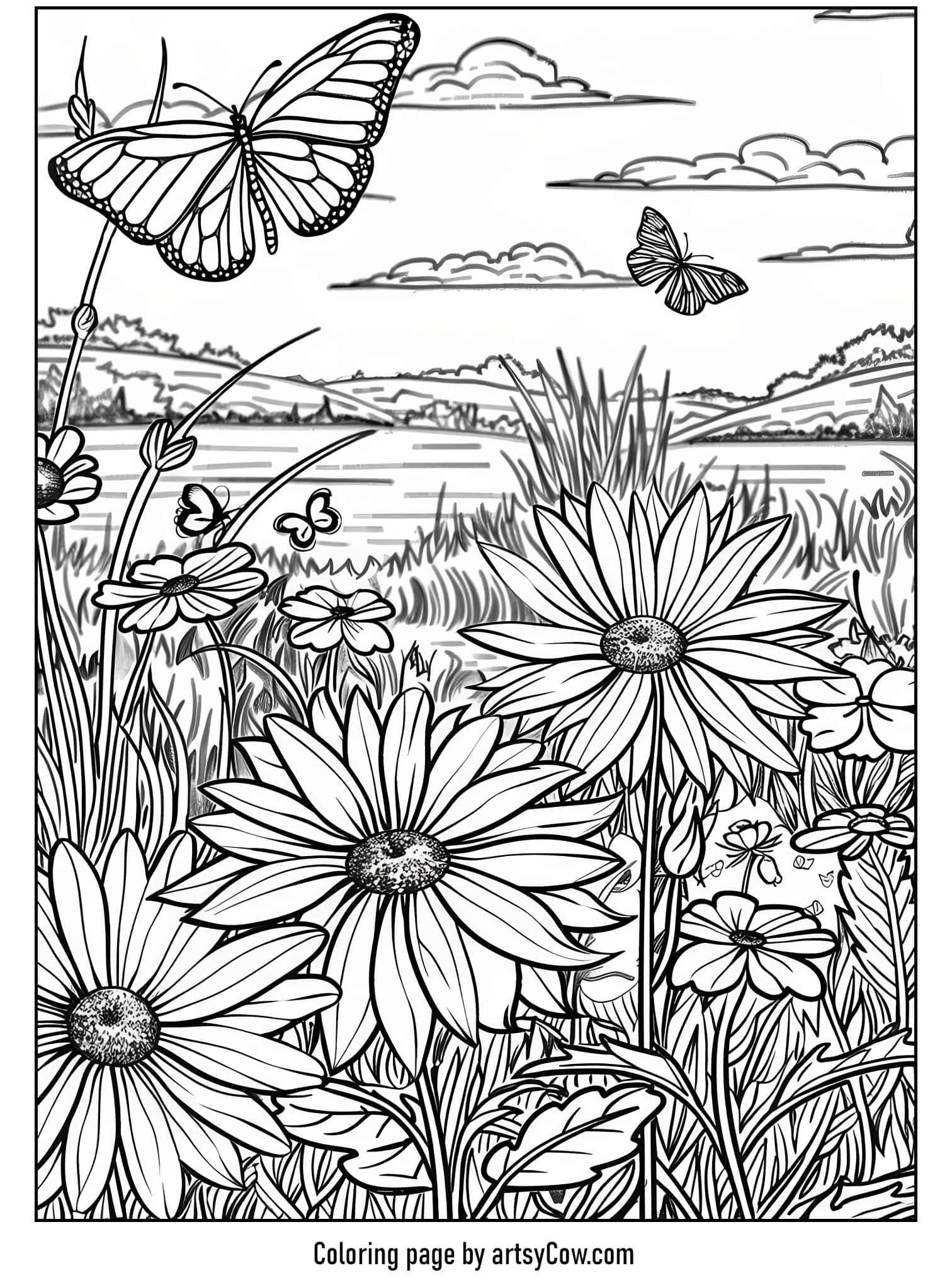 a tranquil meadow scene with butterflies flying over large, detailed flowers